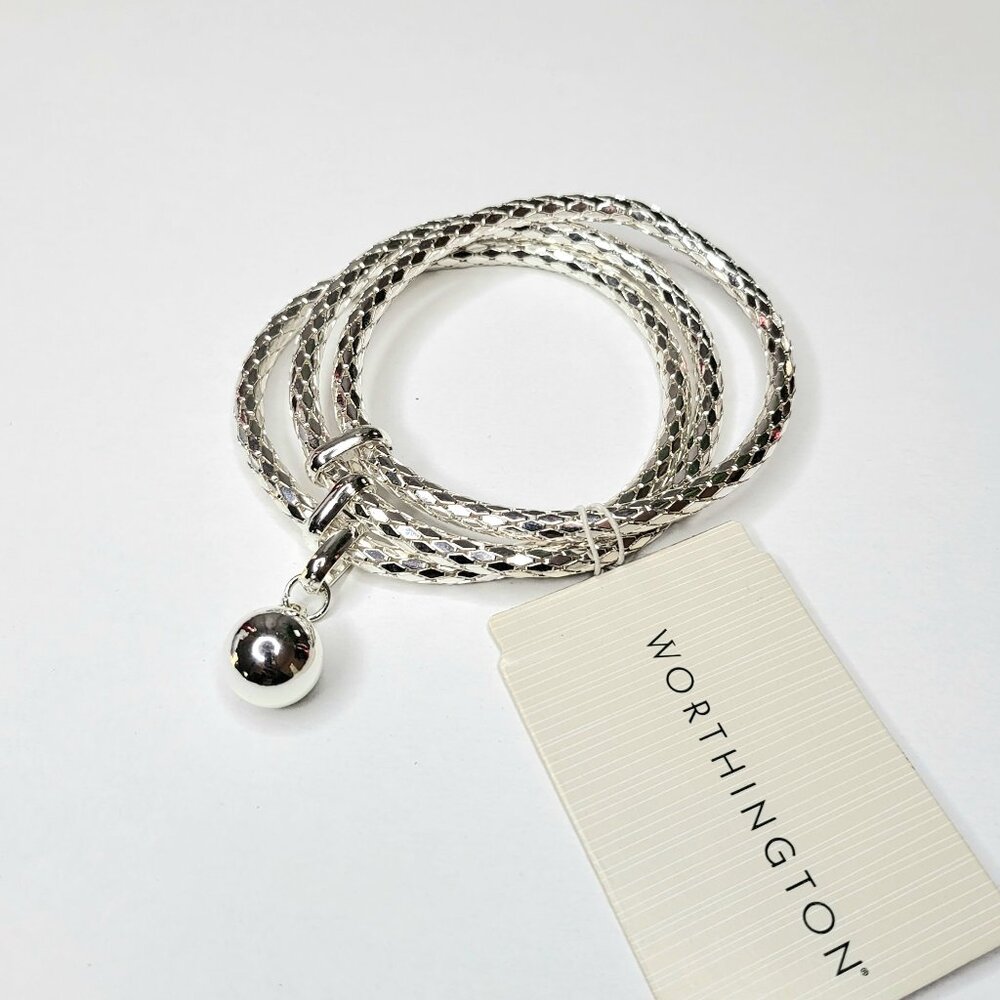 NWT Worthington Women's 3-pc. Herringbone Stretch Silver Tone Bracelet